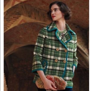 Anthropologie Tabitha Piped Teal Plaid Coat L
